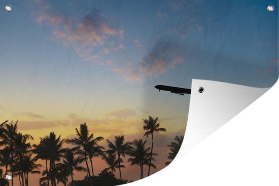 Tuinposter - Tuindoek - Tuinposters buiten - Silhouet van een vliegtuig boven de palmen - 120x80 cm - Tuin