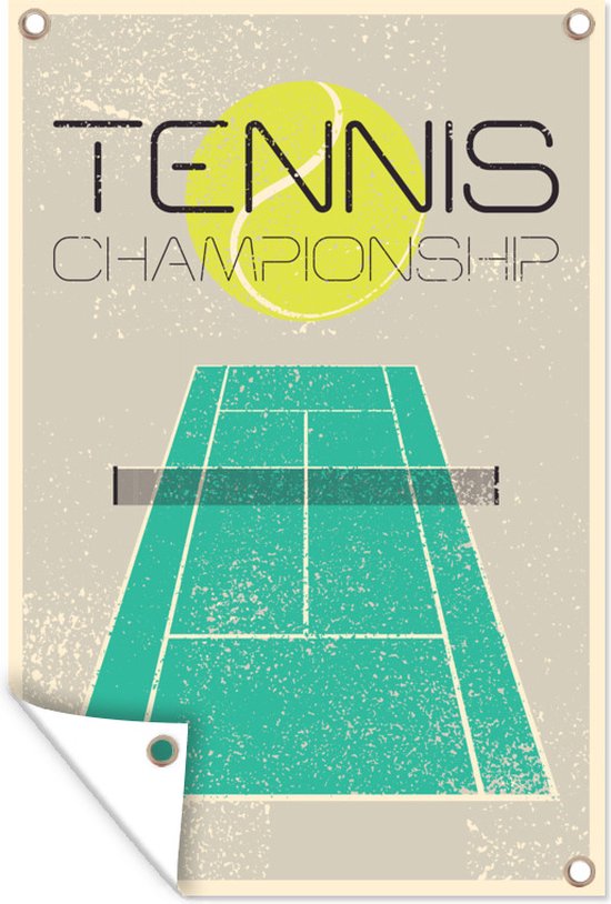 Tennis illustratie op een grijze achtergrond en een blauwe tennisbaan