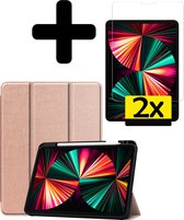 iPad Pro 2021 12.9 inch Hoes Book Case Cover Met 2x Screenprotector En Pencil Houder - Rosé Goud