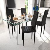 Eetkamerset 4 zwarte slim line stoelen en 1 glazen tafel