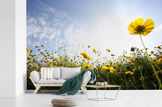 Landschap Rand adopteren Behang - Fotobehang Geel veld van bloemen - Breedte 450 cm x hoogte 300 cm  | bol.com