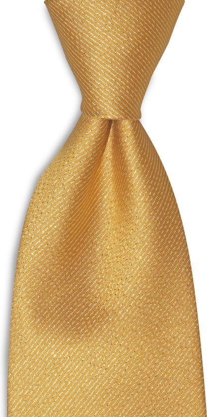 Gouden stropdas met fijne, zilveren diagonale streepjes.
