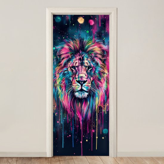 Deurposter 90x205 cm - Deursticker Leeuw - Verf - Kleurrijk - Zwart - Dieren - Meubelfolie zelfklevend - Deurfolie tienerkamer - Interieurfolie kinderkamer - Deur plakfolie - Deurbehang sticker - Kamer decoratie tieners