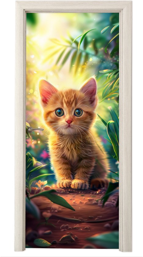 Schattige oranje kitten met grote blauwe ogen, zittend in een zonnig groen bos.
