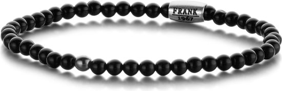 Zwarte agaat kralen armband van 4 mm met een zilverkleurige 'FRANK 1967' sluiting.