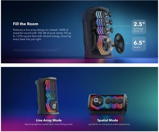 Zwarte luidspreker met led-verlichting, 2.5" drivers en 6.5" woofer. Twee standen: staand (Line Array Mode) en liggend (Spatial Mode).