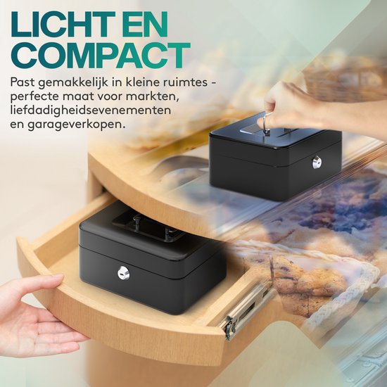 Twee zwarte geldkistjes, één in een lade en één op een tafel, tonen hoe compact ze zijn. "Licht en compact" staat geschreven.