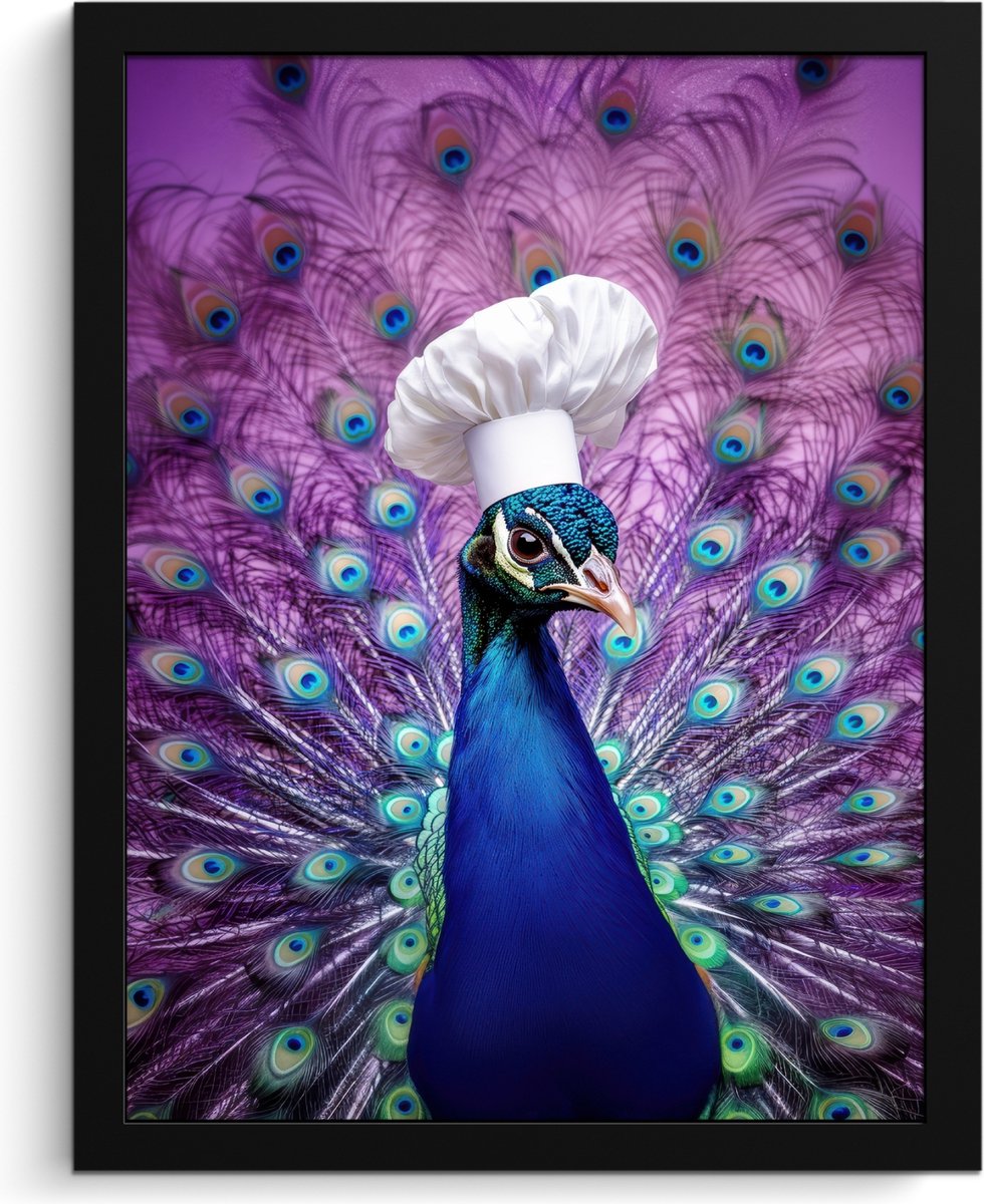 FrameYourWall Fotolijst inclusief poster - Posterlijst 30x40 cm - Posters - Pauw - Koksmuts - Cool - Paars - Foto in lijst - Keuken decoratie muur - Wanddecoratie accessoires - Muurdecoratie - Schilderijen Koksmuts - Pauw