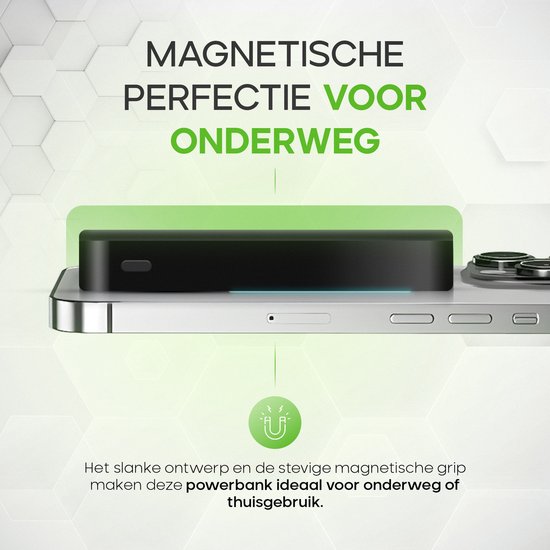Zwarte magnetische powerbank magnetisch bevestigd aan de achterkant van een smartphone. Tekst: "Magnetische perfectie voor onderweg."
