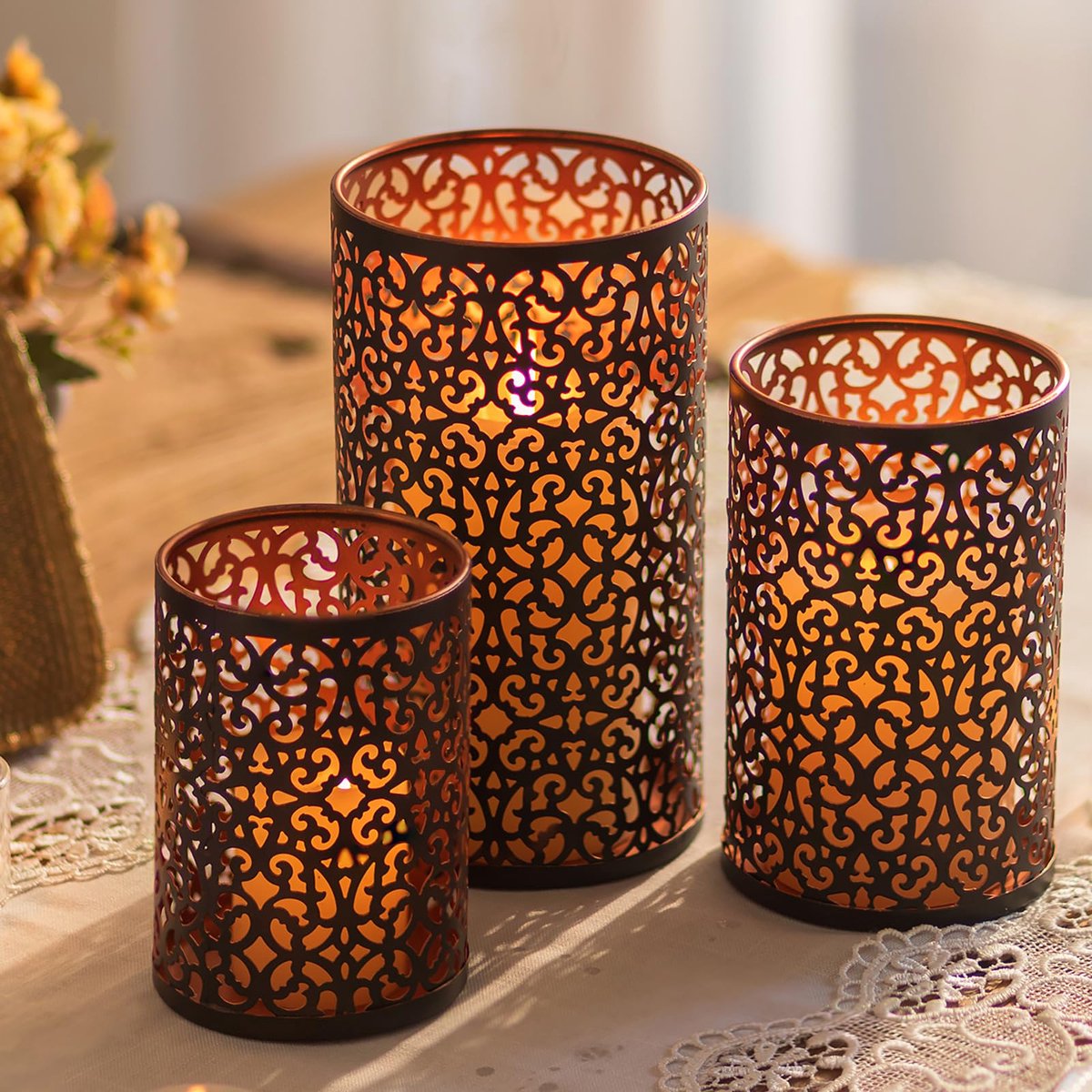 La'Moussawi ® Elegante Metalen Kaarsenhouder Set van Drie met Oosterse Sfeer