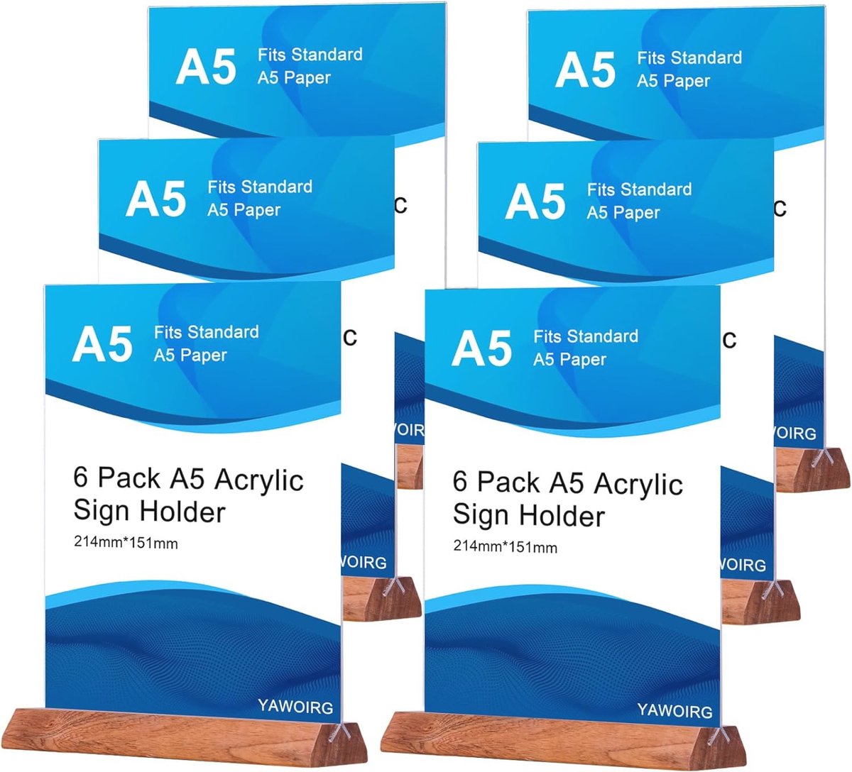 A5 Acryl Tekenhouder met Houten Basis - Set van 6 Dubbelzijdige Display Stands