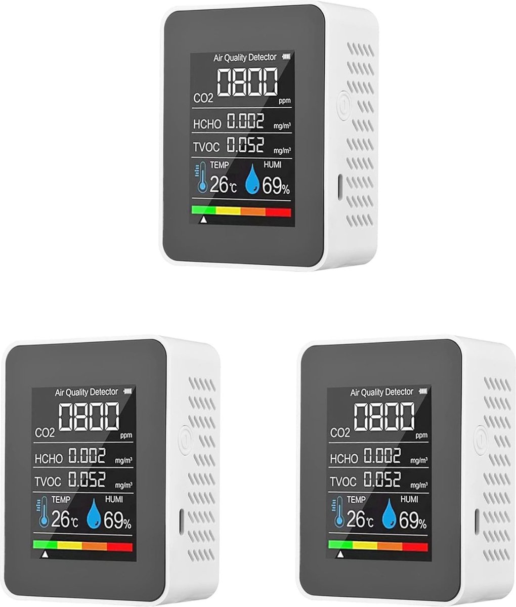 3X 5 in 1 Luchtkwaliteitsmonitor - TVOC, HCHO, Temperatuur, Vochtigheid en CO2 Meter