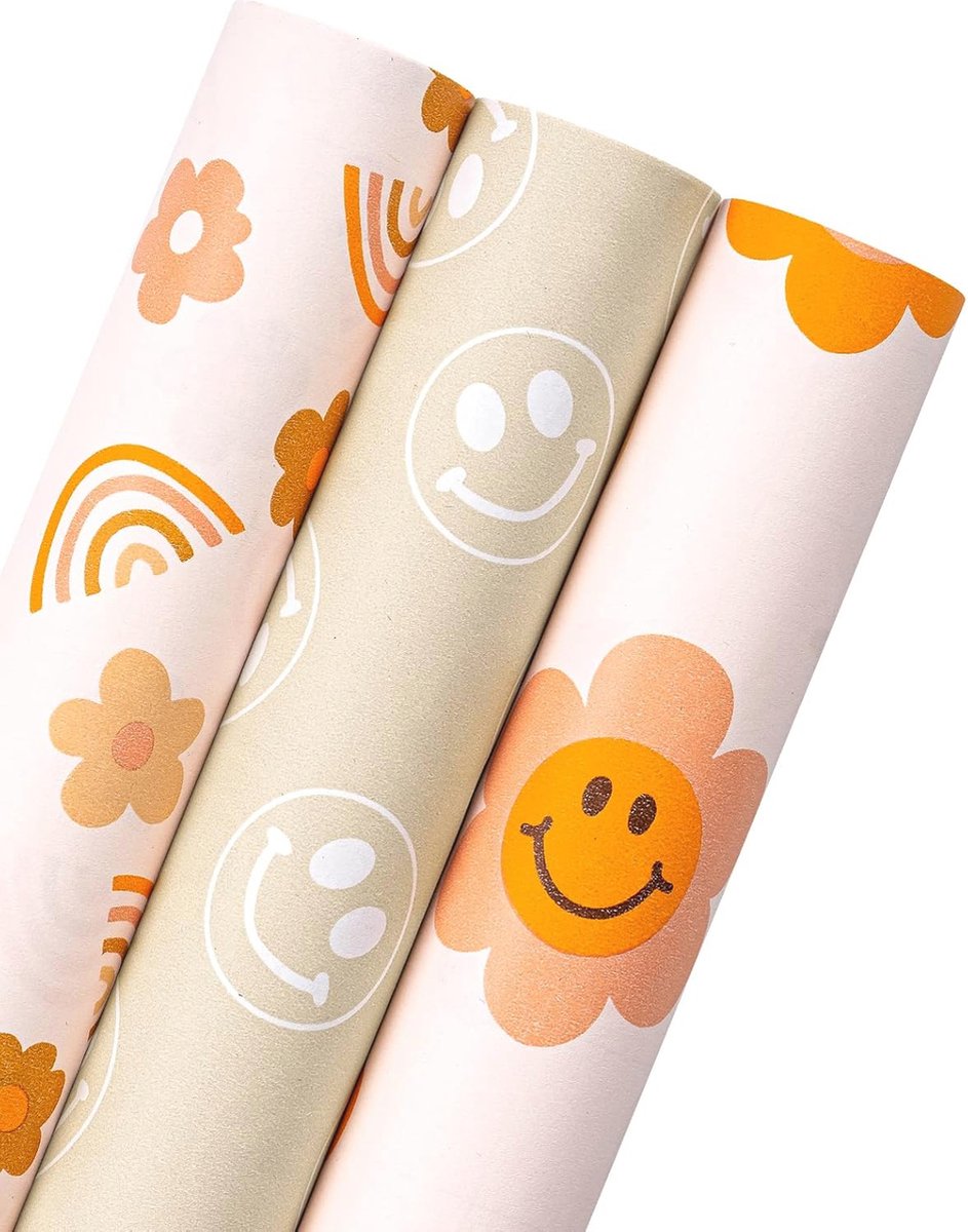 Kraft Inpakpapier Rollen voor Babyshower en Verjaardag - 43cm x 3m, 3 Rollen met Smiley Gezicht en Regenboog