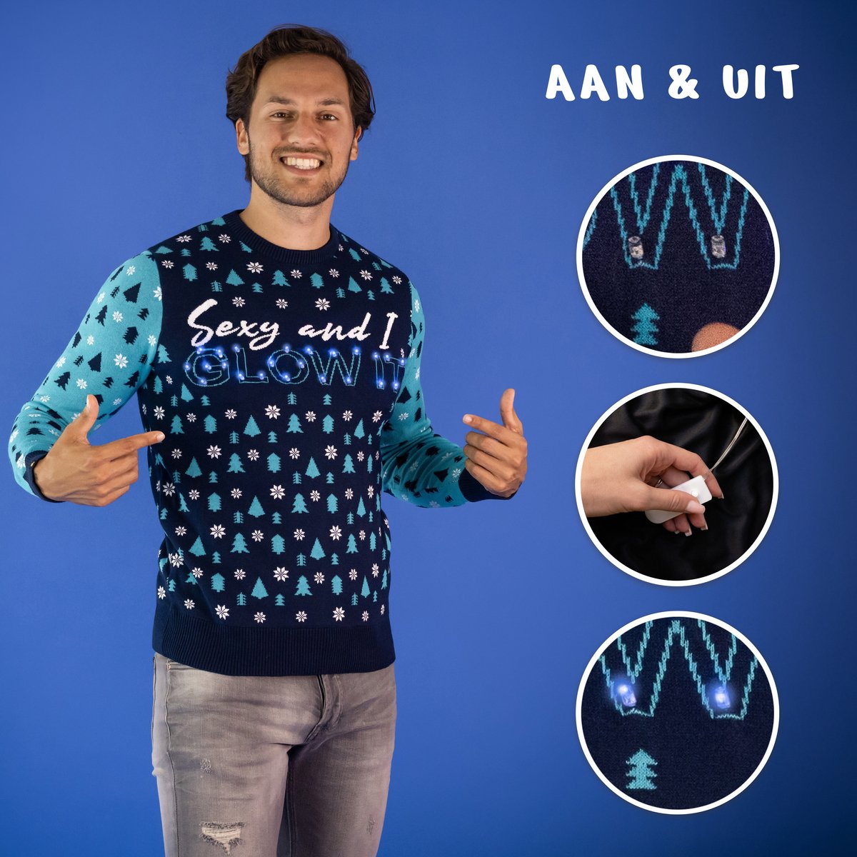 JAP Christmas Kersttrui met lichtjes (maat L) - 100% Gerecycled - Kriebelt niet - Kerstcadeau volwassenen - Foute Kersttrui dames en heren - Sexy and I GLOW IT - Blauw — afbeelding 6