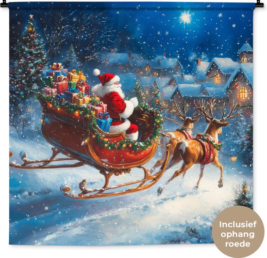 Wandkleed 120x120 cm - Wanddoek Kerstman - Rendier - Kerst - Sneeuw - Wandtapijt - Wandkleden - Kerstdecoratie voor binnen - Kerstversiering woonkamer decoratie - Kerstmis versiering in huis - Christmas decorations - Kerstaccessoires