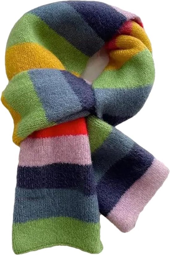 1 écharpe rayée colorée - écharpe arc-en-ciel pour femme - écharpe en laine rayée d'hiver - écharpe courte chaude pour étudiant - écharpe tricotée à blocs de couleurs - écharpe rayée à blocs de couleurs - rouge, jaune et bleu