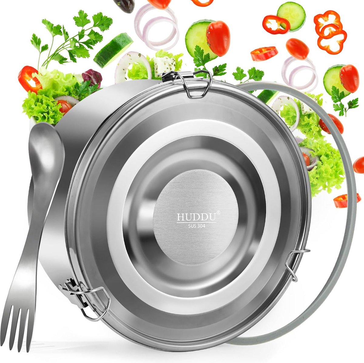Lunchbox RVS 1600ml, lunchbox RVS rond met spork en afdichtring, lunchbox metaal, vaatwasmachinebestendig, milieuvriendelijk en BPA-vrij, lunchbox lekvrij voor volwassenen en kinderen