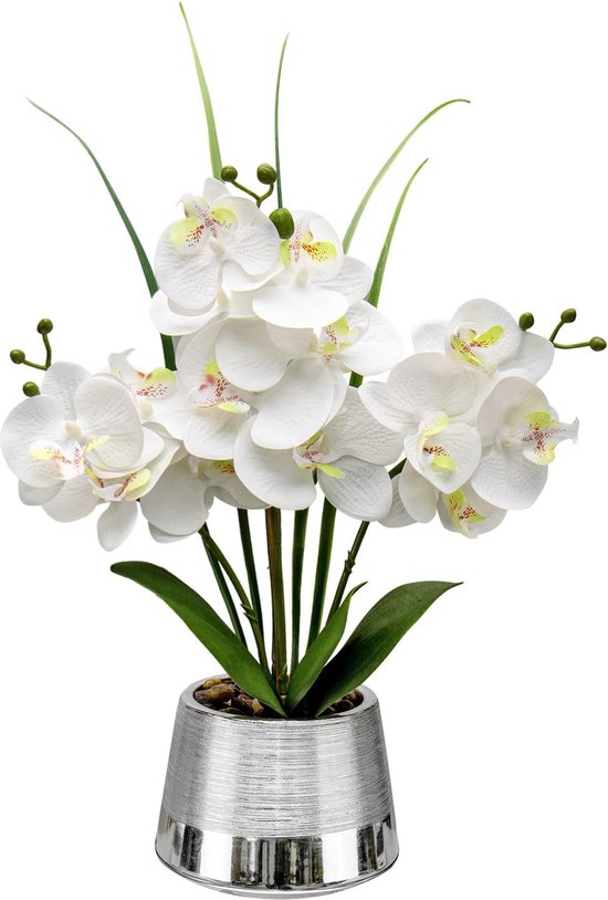 40 cm orchidee kunstwit, orchidee in pot, zilver, kunstorchideeën, faux orchidee, plant met 14 bloemen, kunstmatige orchidee bonsai voor bruiloftsdecoratie, woonkamer, kantoor, slaapkamer