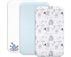 2x hoeslakens 90x55 cm 100% katoen + 1x matrasbeschermer 100% waterdicht materiaal - set 3x 90x55 - compatibel Kinderkraft Neste Up (blauwe dieren, 55 x 90 cm)
