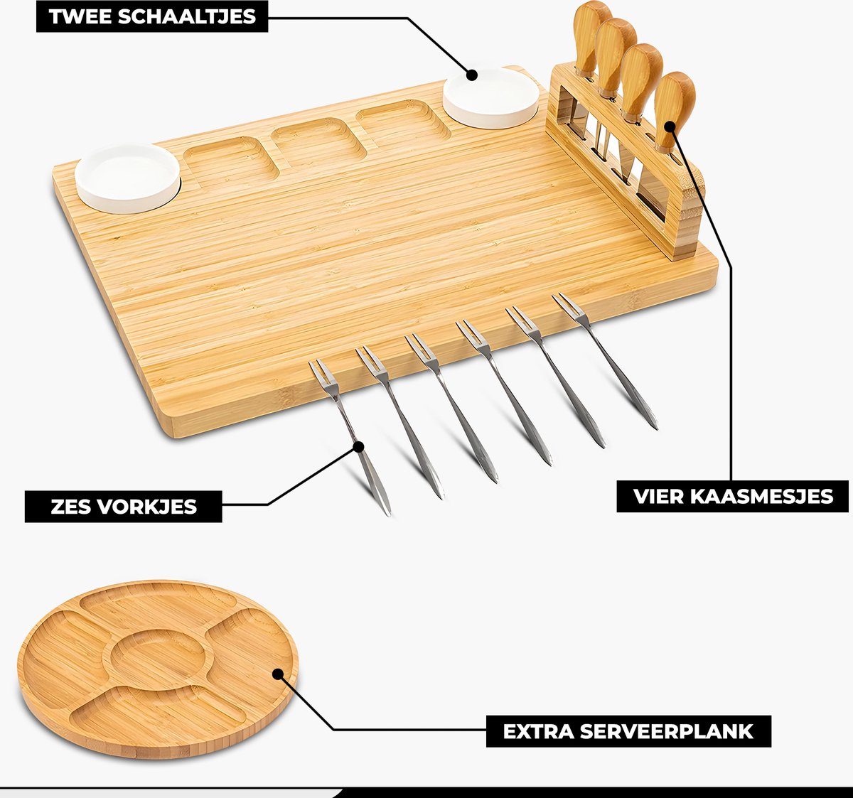 Kicinn Borrelplank - Tapasplank - Kaasplank - Serveerplank - Borrelplank Hout - Incl. Kaasmesjes, Vorkjes, schaaltjes en extra Serveerplank – Bamboe — cadeau in Kookcadeaus - foto 3