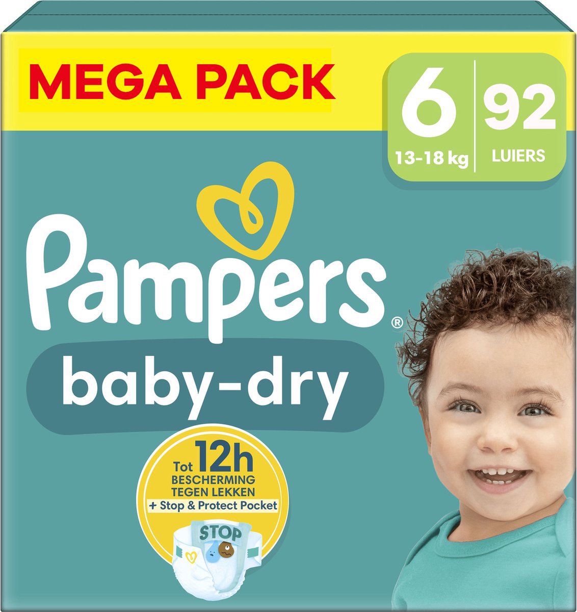 Pampers Baby-Dry luiers - Maat 6 (13-18 kg) - 92 stuks - Unieke extra laag - Absorberende kern - Dubbele beschermrandjes (Tot maat 5+)