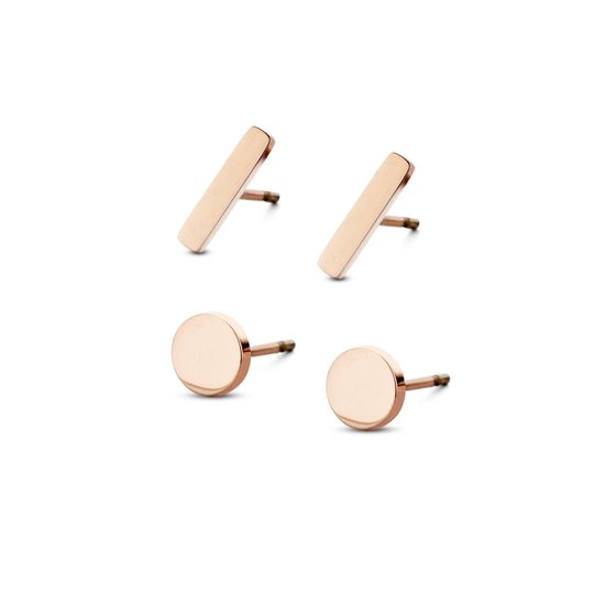 CO88 Collection Sense 8CE-70017 Stalen Oorknoppen - Set van 2 Paar - Staafjes 10x2 mm en Rondjes 6 mm - Rosékleurig
