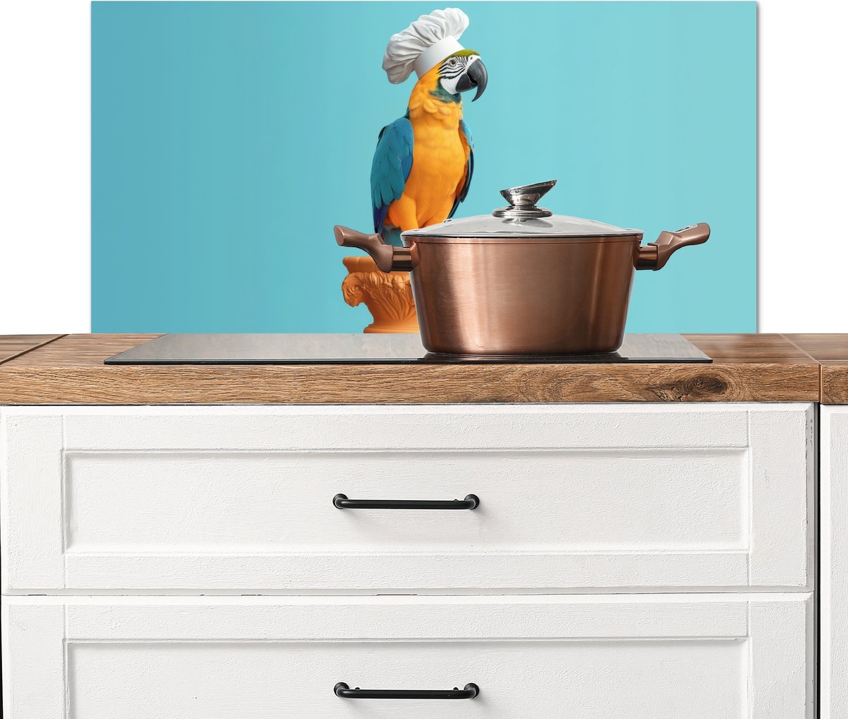 Spatscherm keuken 90x45 cm - Kookplaat achterwand Papegaai - Koksmuts - Grappig - Vogel - Muurbeschermer - Spatwand fornuis - Hoogwaardig aluminium