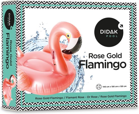 Boîte de "Flamant Or Rose" gonflable avec éclaboussures d'eau. Dimensions 140x130x120 cm.