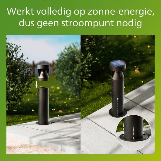 Installatie van een zwarte zonne-tuinlamp op een voetpad. Werkt op zonne-energie, dus geen stroompunt nodig.