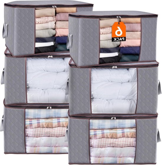 Lifewit Kleding Opbergtas 100L Grote Capaciteit Organizer met Versterkt Handvat Dikke Stof voor Dekbedden, Dekens, Beddengoed, Opvouwbaar met Stevige Rits, Kijkvenster, 6 Pack, Grijs