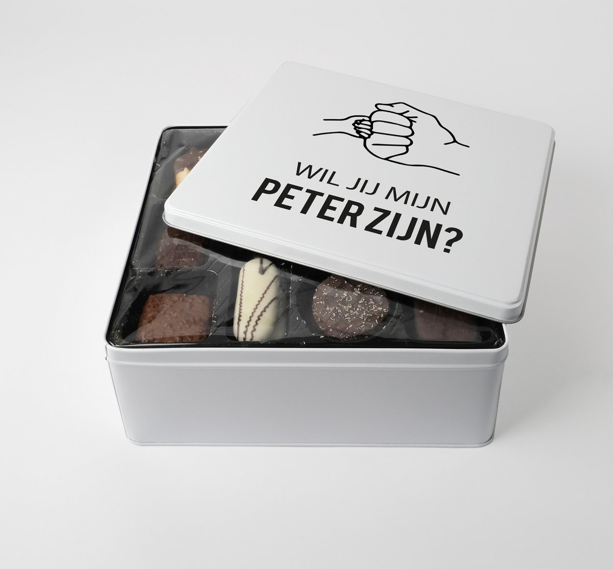Blikken doos - GROTE - Koekendoos - GRATIS 750g VULLING - Fistbump design - Peter vragen - wil je mijn peter zijn - Peter worden - Geschenkset - Keuken cadeau - Voor peter