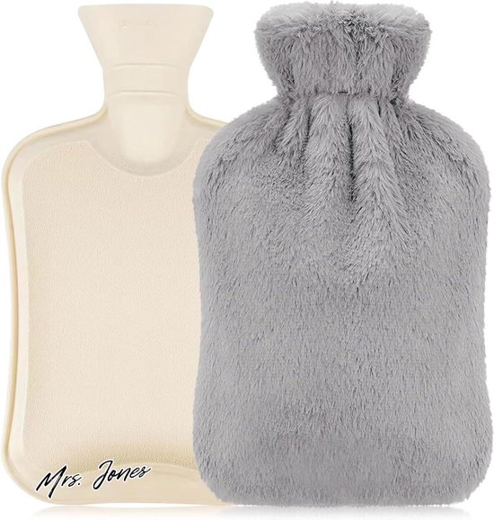 Madame Jones Collection Bouillotte avec couvercle - 2 litres - Peluche moelleuse - Confortable - Groot - Gris clair.