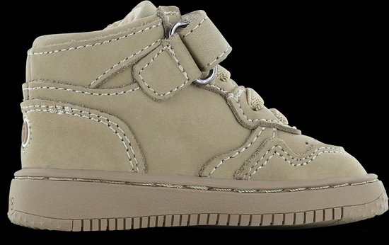 Taupe leren babysneakers met veters en klittenbandsluiting, hoge schacht.