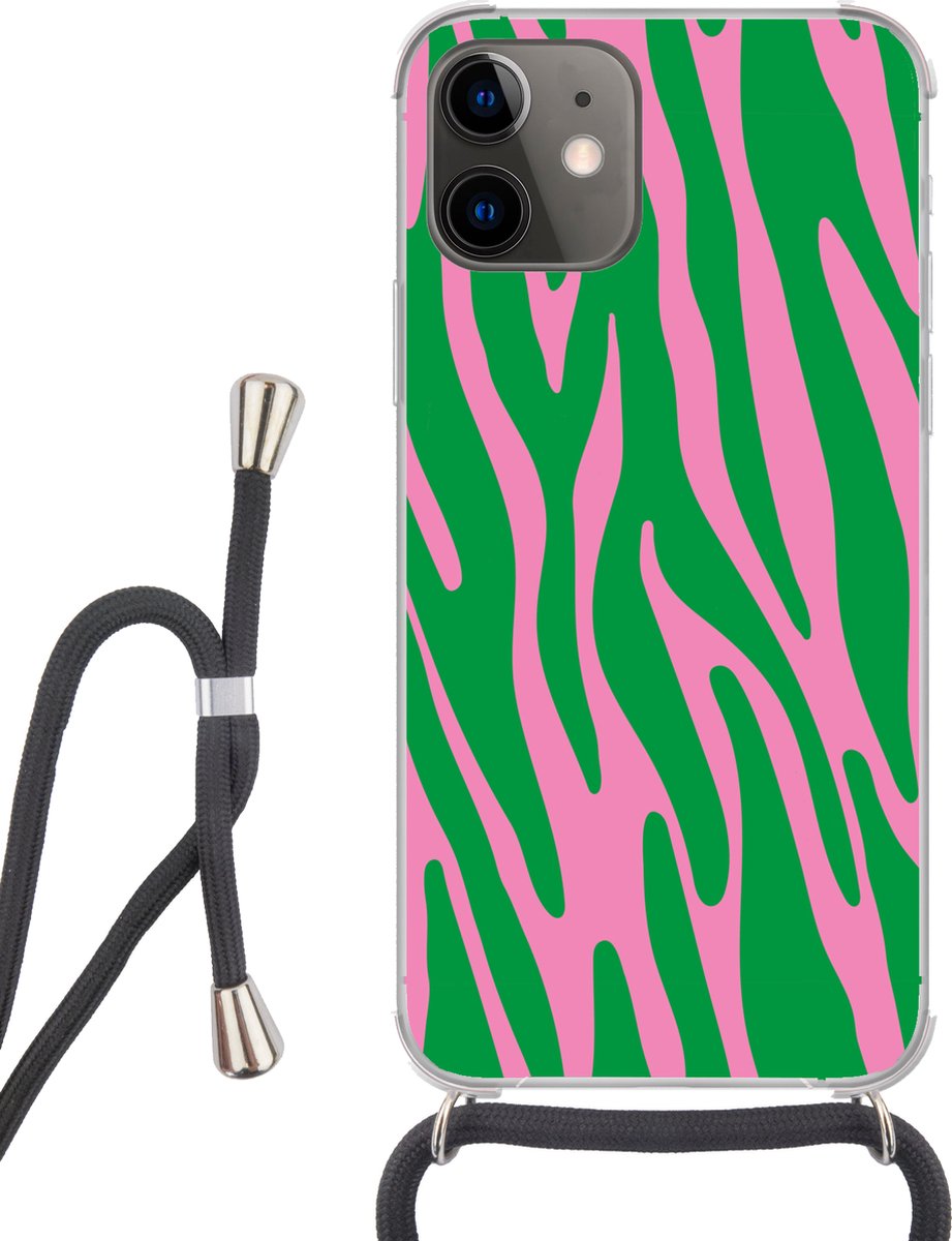 Telefoonhoesje Geschikt voor iPhone 12 Mini - Zebraprint - Roze - Groen - Dierenprint - Kleurrijk - Siliconen - Crossbody - Backcover met Koord - Telefoonhoesje met koord - Hoesje met touw Telefoonhoesje