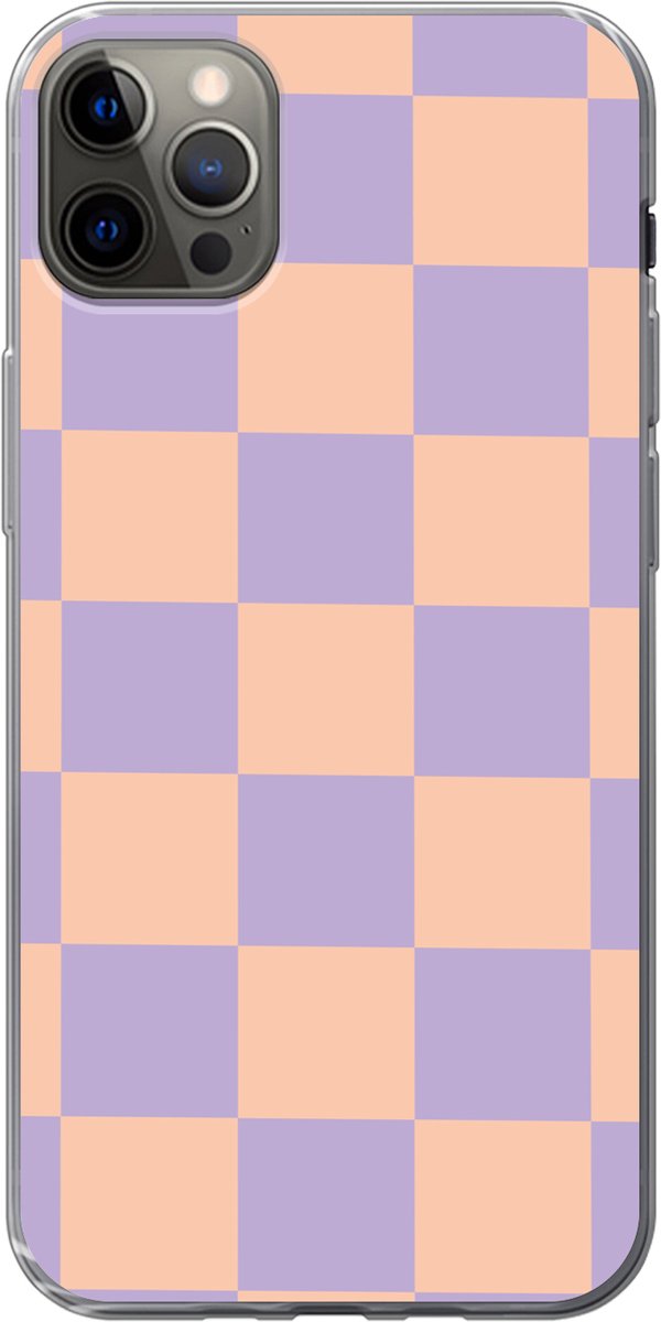 Telefoonhoesje Geschikt voor iPhone 12 Pro Max hoesje - Schaakbord patroon - Paars - Roze - Blokjes - Siliconen Telefoonhoesje Telefoonhoesje