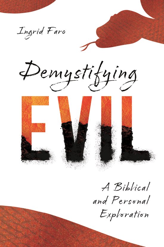 Couverture du livre 'Demystifying Evil' avec texte et tête de serpent rouge