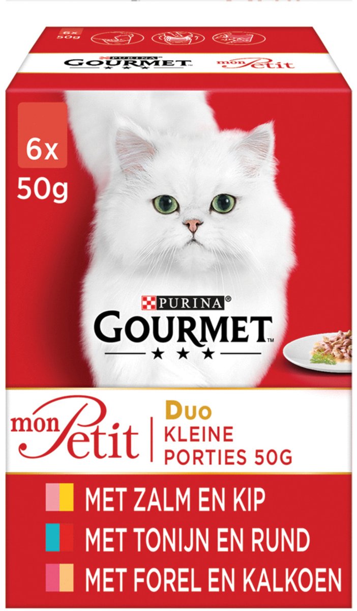 Gourmet Mon Petit Intense Duo Kattenvoer, Natvoer met Zalm en Kip, Tonijn en Rund of Forel en Kalkoen in Saus - 6x50g - doos van 4 (24 portiezakjes; 1,2kg)