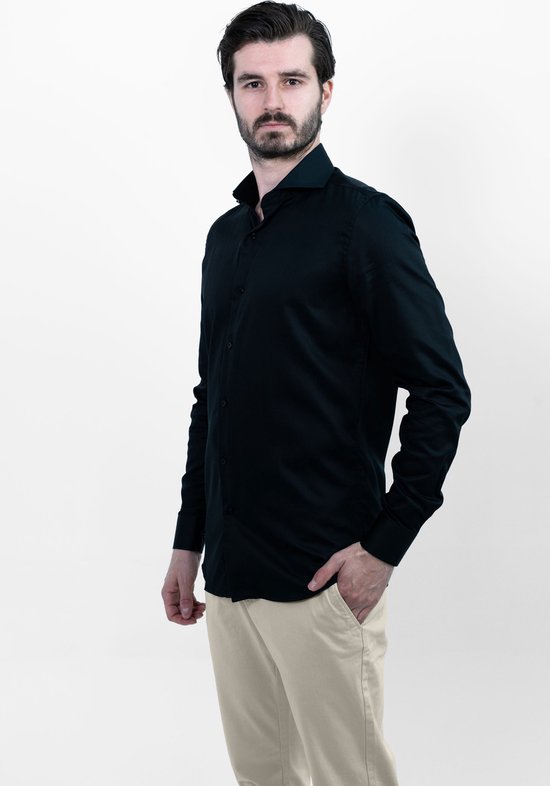 Vercate - Chemise sans repassage - Zwart - Coupe slim - Satin de Katoen - Manches longues - Homme - Taille 39/M