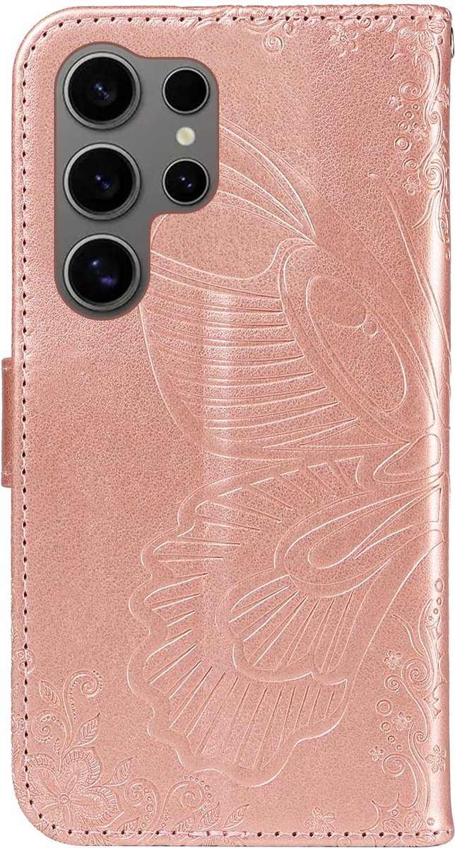 Mobigear Telefoonhoesje geschikt voor Samsung Galaxy S25 Ultra Hoesje | Mobigear Butterfly Bookcase Portemonnee | Pasjeshouder voor 2 Pasjes | Telefoonhoesje voor Pinpas / OV Kaart / Rijbewijs - Roségoud
