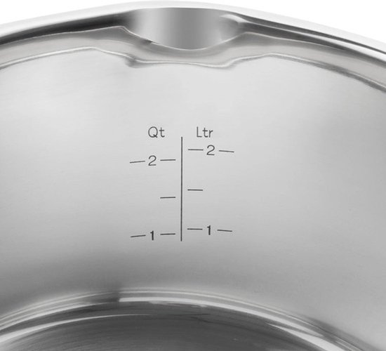 Binnenzijde van een roestvrijstalen kookpot met maatverdeling in liters en quarts.