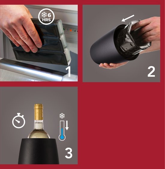 Illustratie in 3 stappen: koelelement in de vriezer, koelelement in de koeler, fles wijn in de koeler met thermometer.