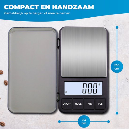 Balance numérique compacte avec couvercle ouvert, affichage 0,00g. Dimensions 12,3 x 7,3 cm.