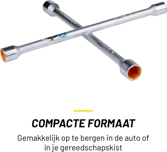 Zilverkleurige kruissleutel, compact formaat.