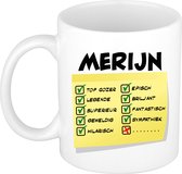 Bellatio Decorations Naam mok Merijn - wit - top gozer - keramiek - 300 ml - cadeau collega beker