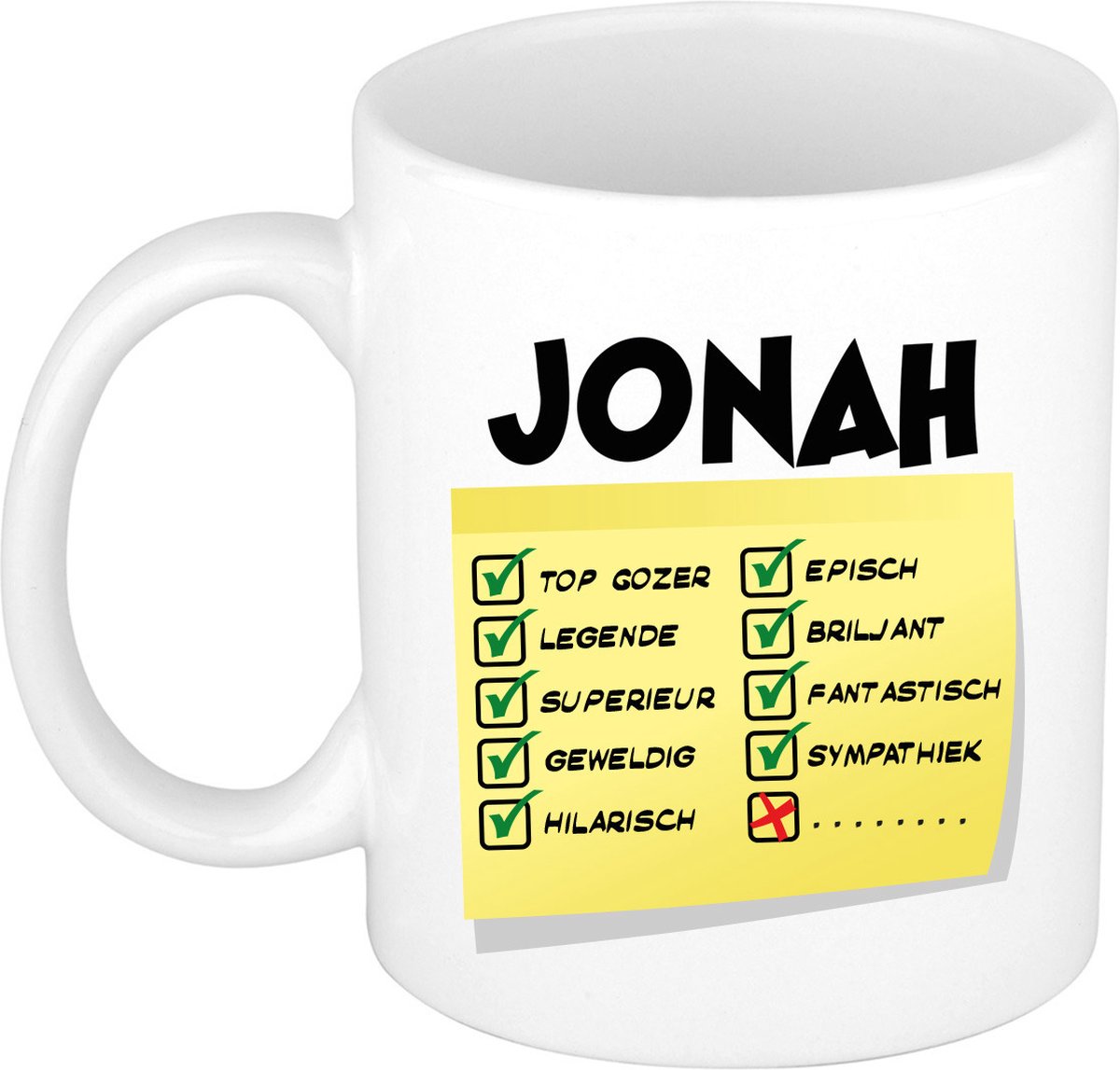Bellatio Decorations Naam mok Jonah - wit - top gozer - keramiek - 300 ml - cadeau collega beker