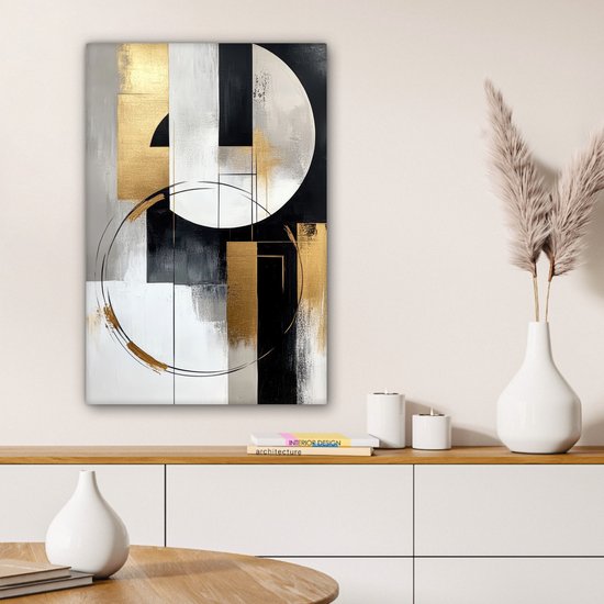 Canvas schilderij 60x90 cm - Wanddecoratie Abstract - Goud - Zilver - Vormen - Aesthetic - Muurdecoratie woonkamer - Slaapkamer decoratie - Kamer accessoires - Schilderijen op canvas