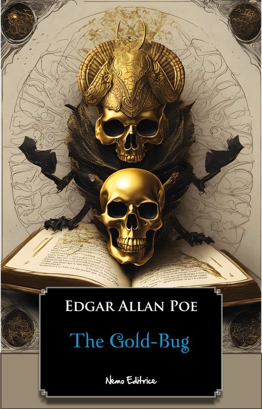 Gouden schedel bovenop een open boek met de titel 'The Gold-Bug' en 'Edgar Allan Poe'.