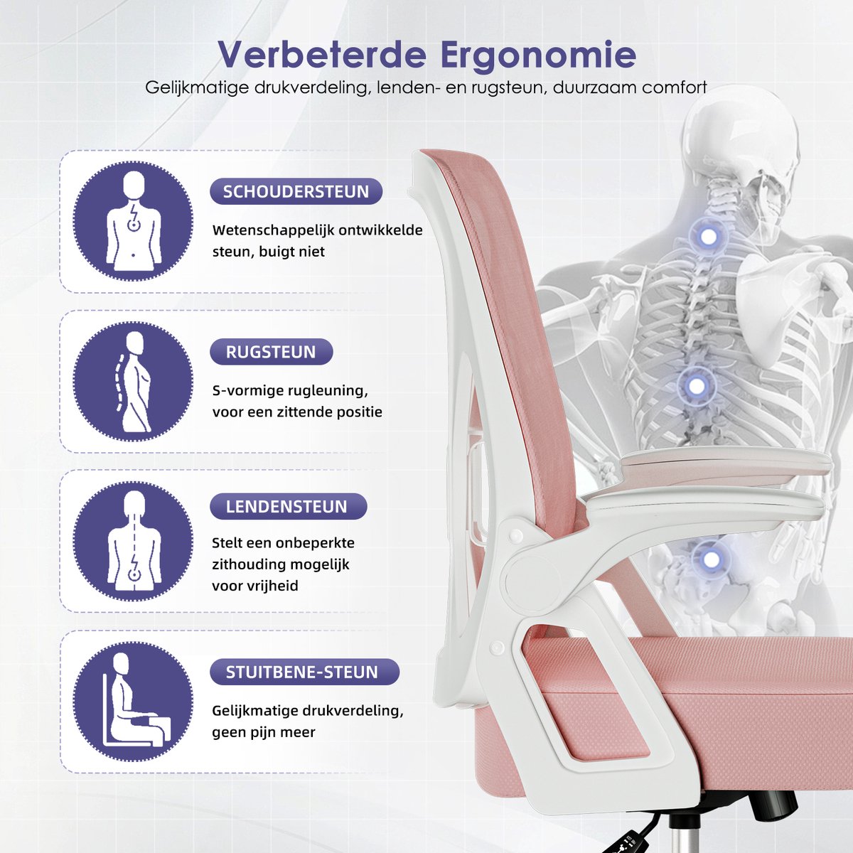 Hiaonyx Ergonomische Bureaustoel met Lendensteun - Roze - afbeelding 2