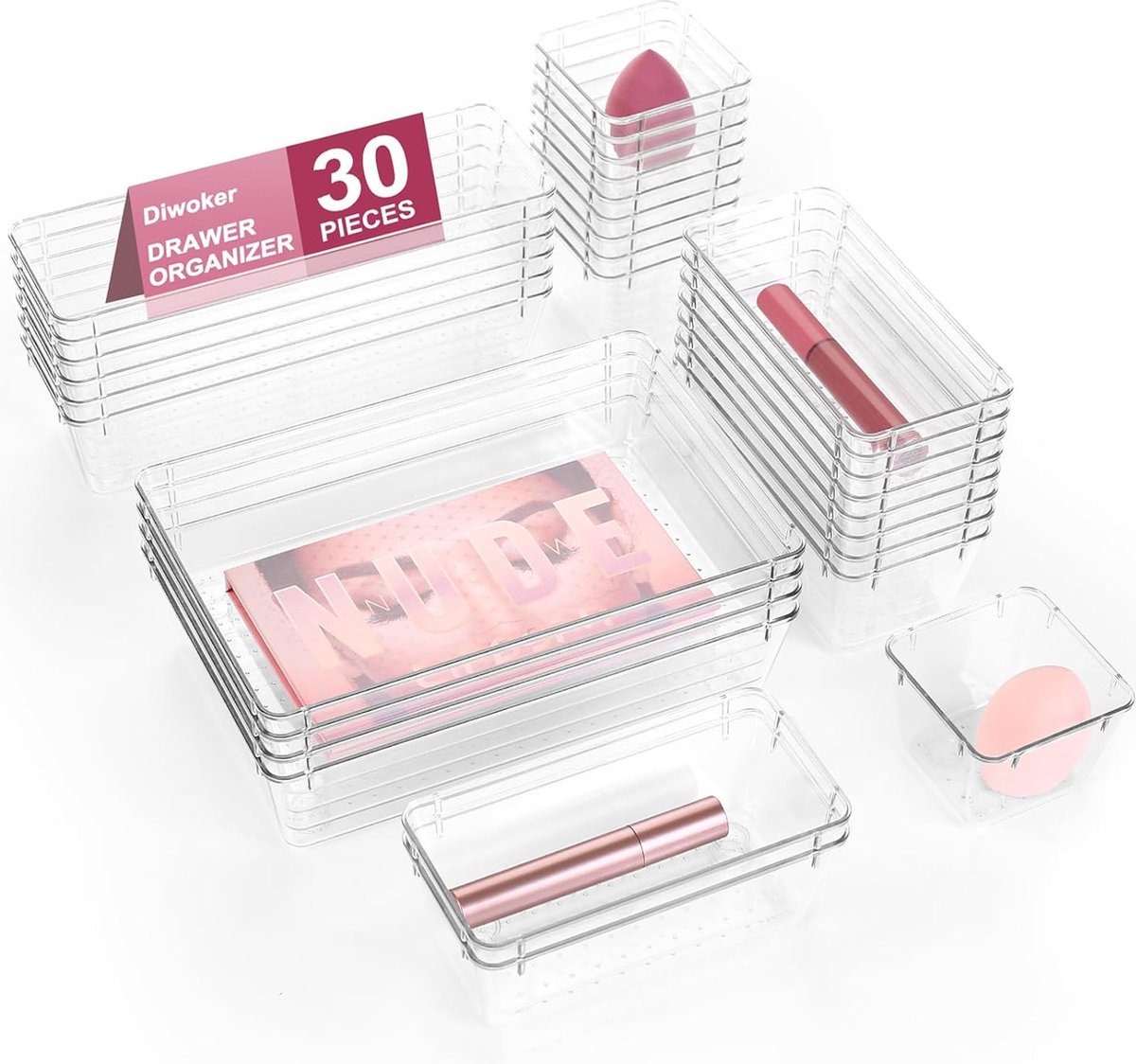 Lade-organizer set met 30 stuks in 4 maten - Transparante opbergdozen voor make-up en meer