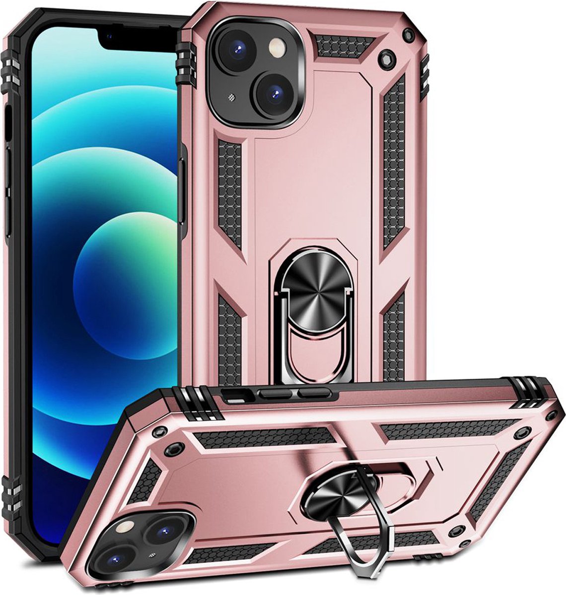 MobyDefend Hoesje - Geschikt voor iPhone 14 - Pantsercase Met Draaibare Ring - Rosé
